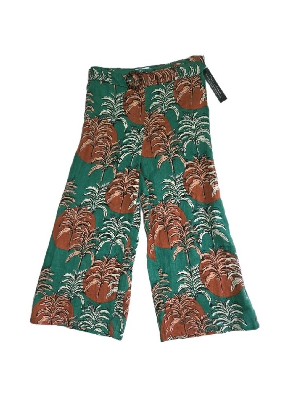 New Nicole Miller Linen Crop Wide Leg Pants Size M Tropical Print Belted